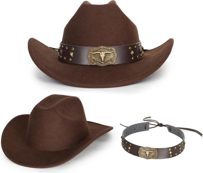 Eohak Womens Western Cowboy Hats Studded Pinched Western Cowgirl Hats Wide Brim Fedoras Hat with Belt Buckle (Size:Medium) - Image 4
